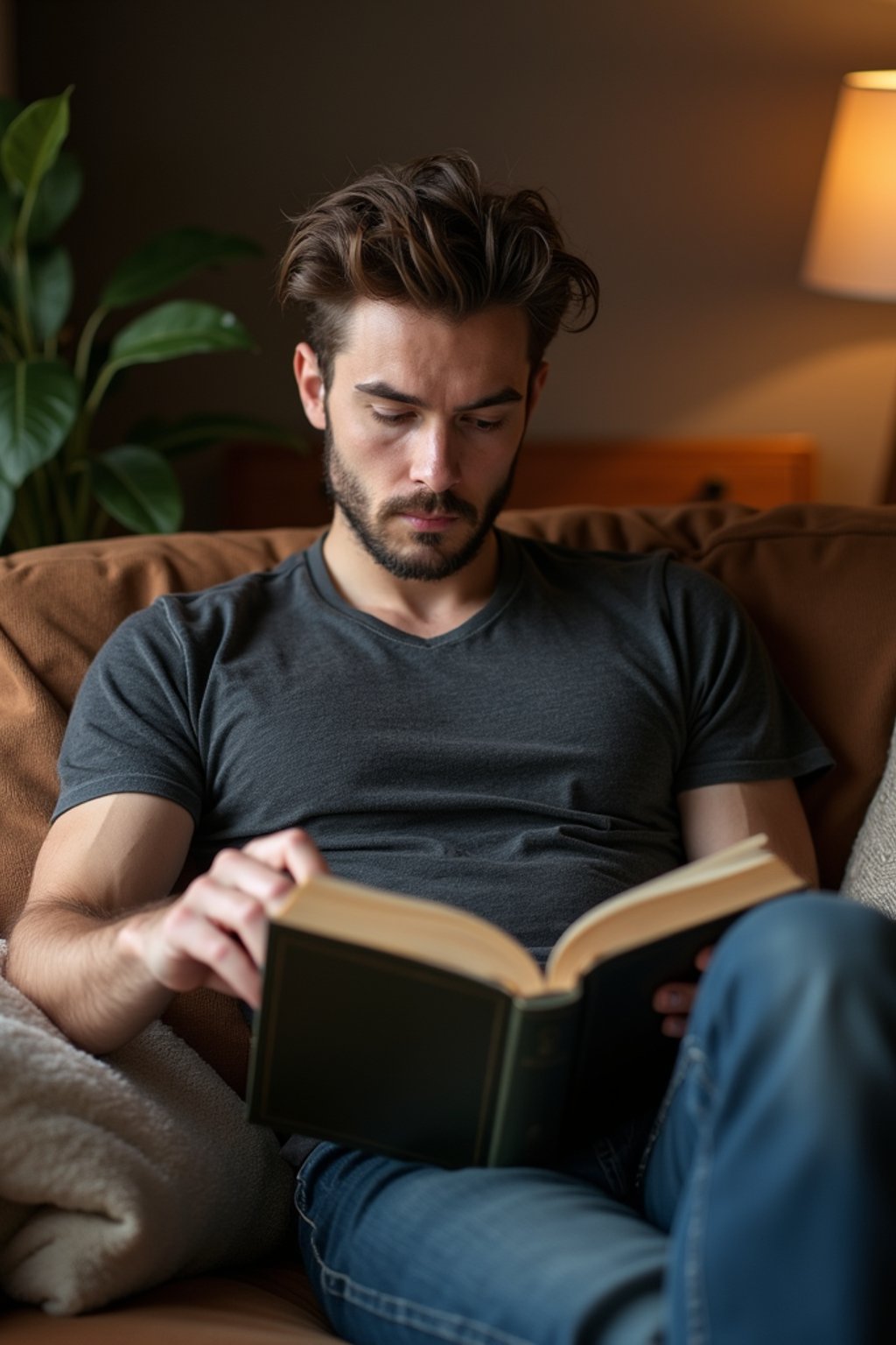 masculine  man reading a book in a cozy home environment