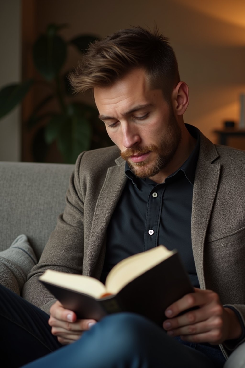 masculine  man reading a book in a cozy home environment