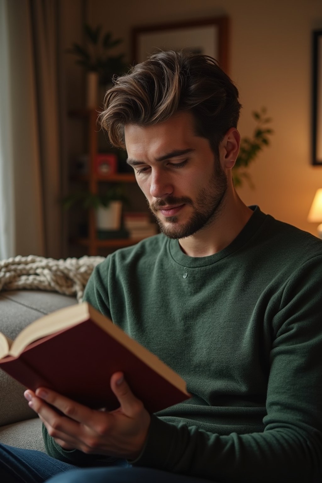 masculine  man reading a book in a cozy home environment