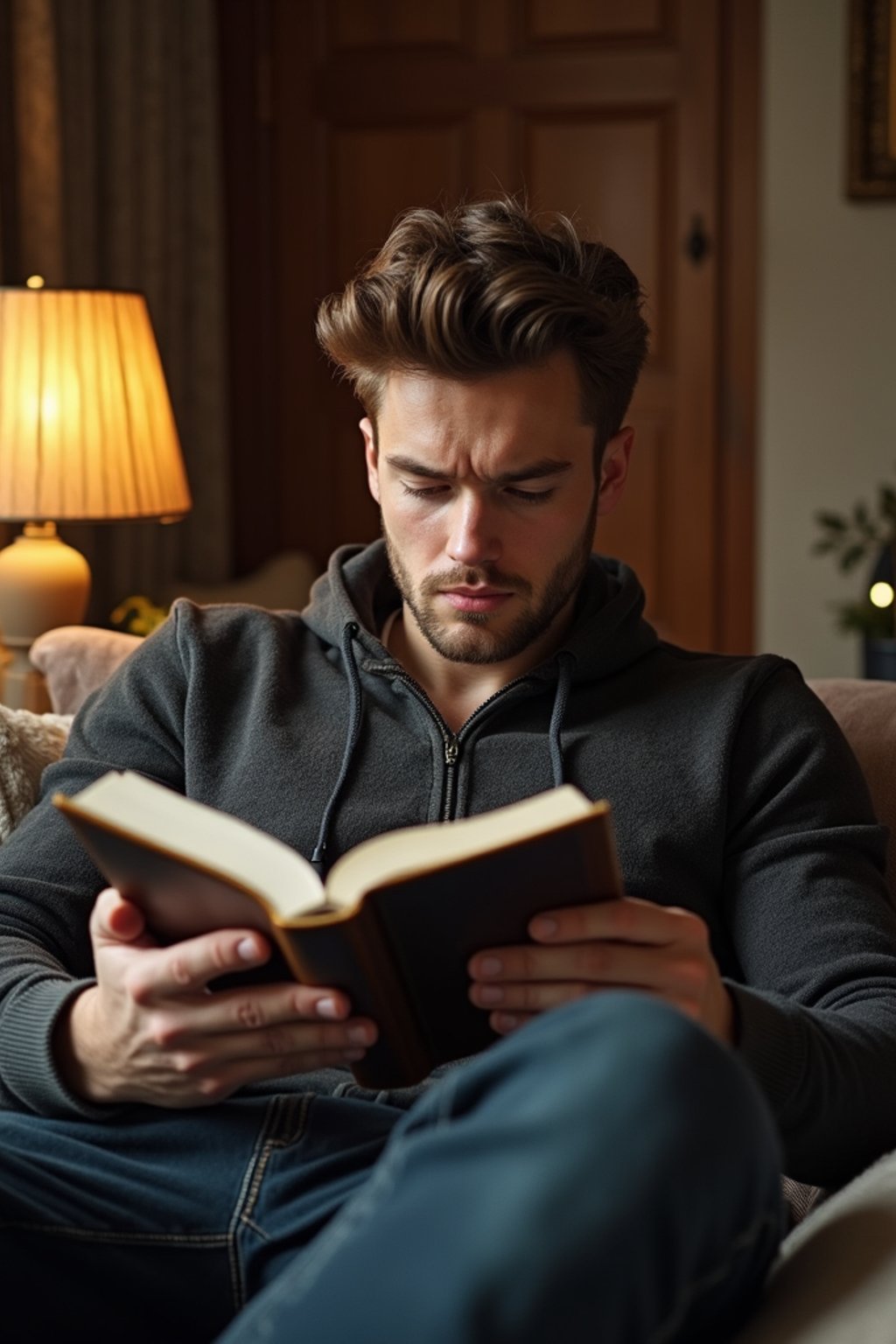 masculine  man reading a book in a cozy home environment