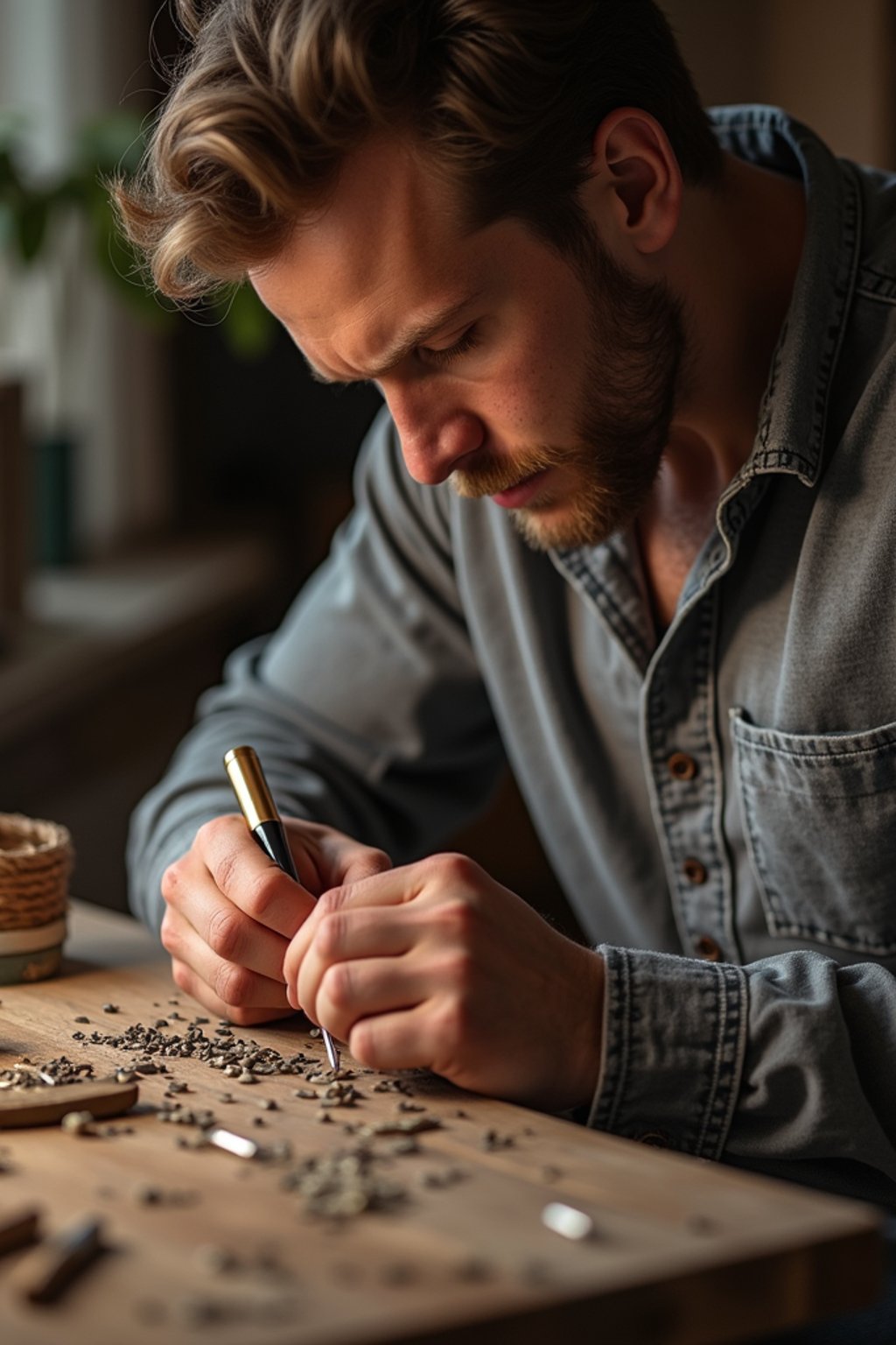 masculine  man engaging in a hobby or craft