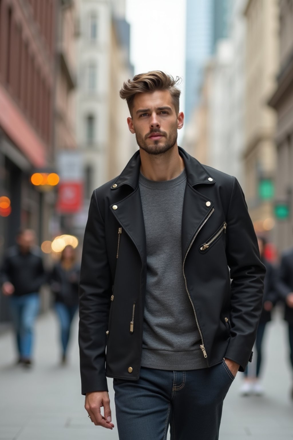 masculine  man taking a casual stroll through a cityscape