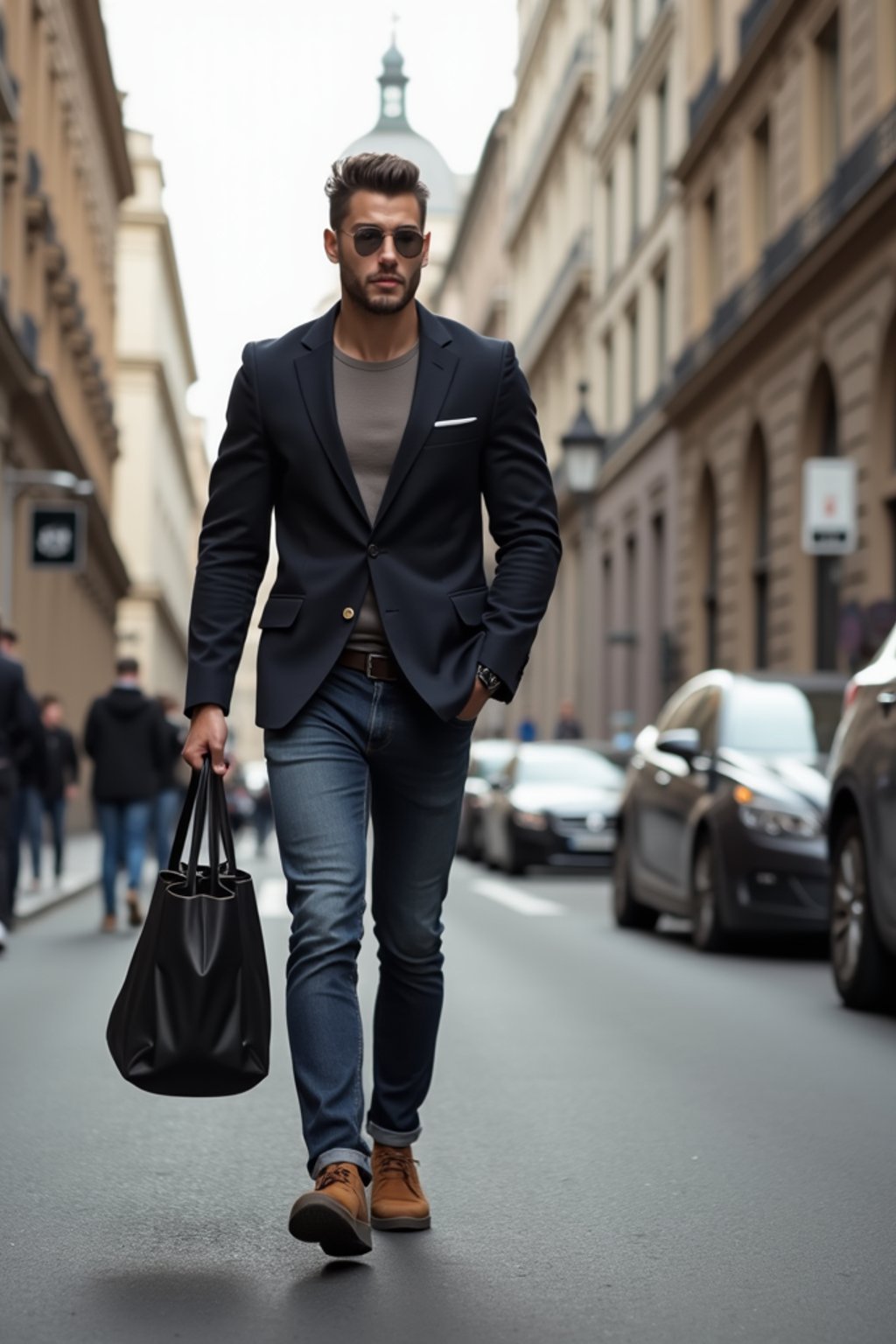 masculine  man taking a casual stroll through a cityscape