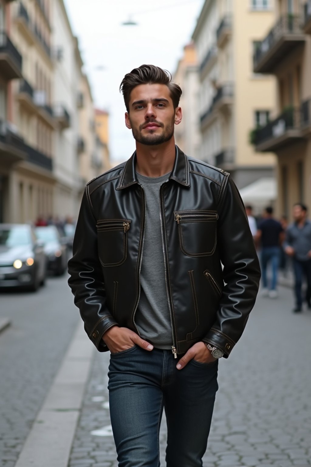 masculine  man taking a casual stroll through a cityscape