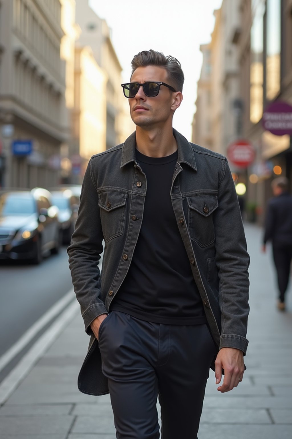 masculine  man taking a casual stroll through a cityscape