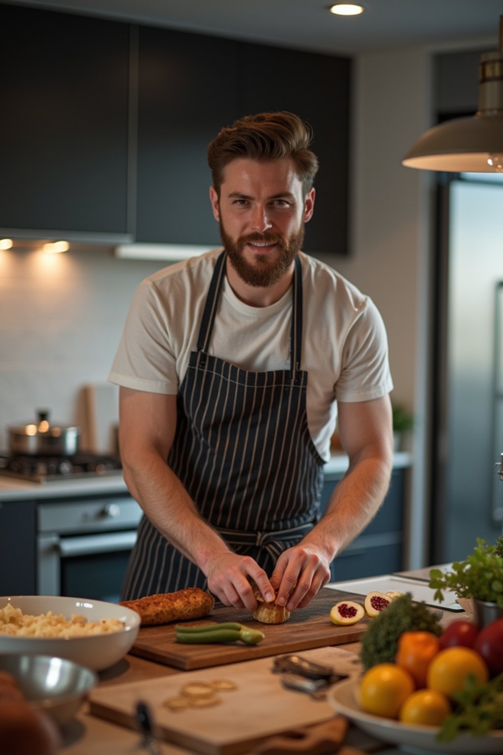 masculine  man cooking or baking in a modern kitchen