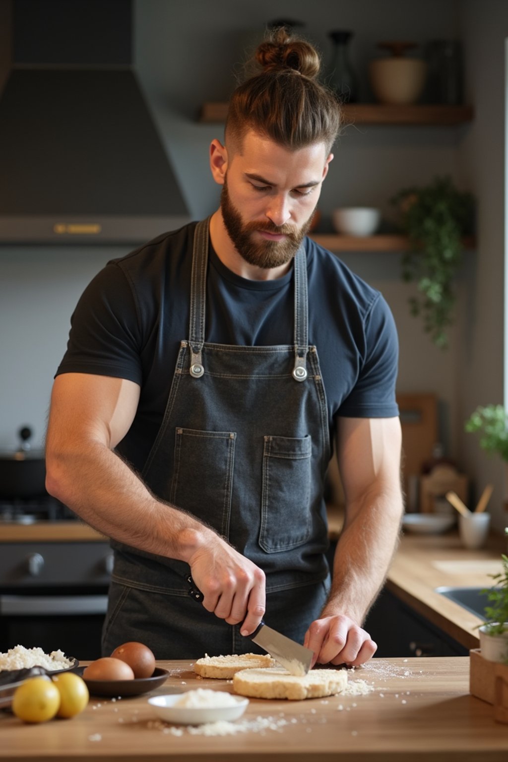 masculine  man cooking or baking in a modern kitchen