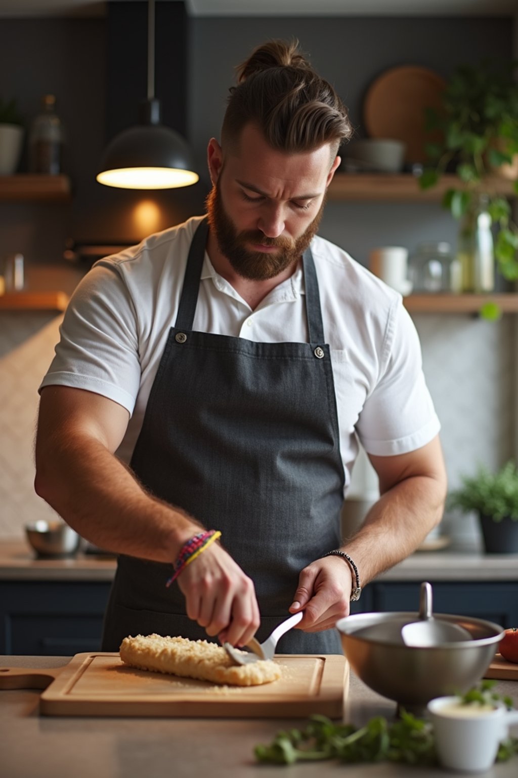 masculine  man cooking or baking in a modern kitchen