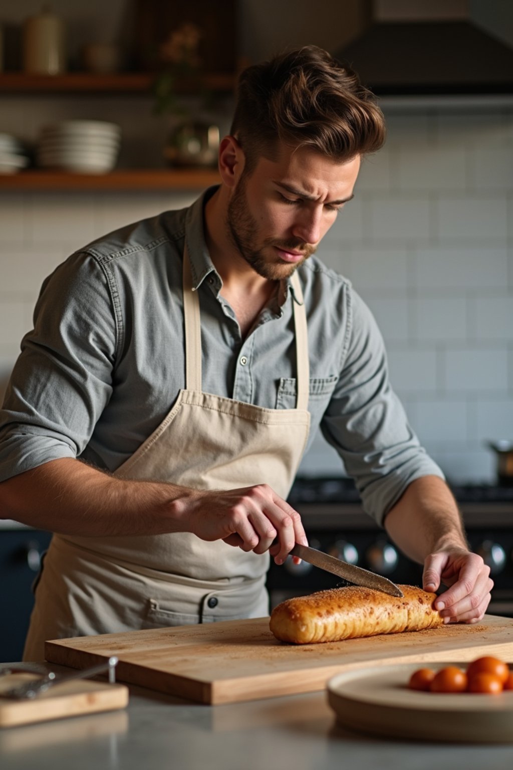 masculine  man cooking or baking in a modern kitchen