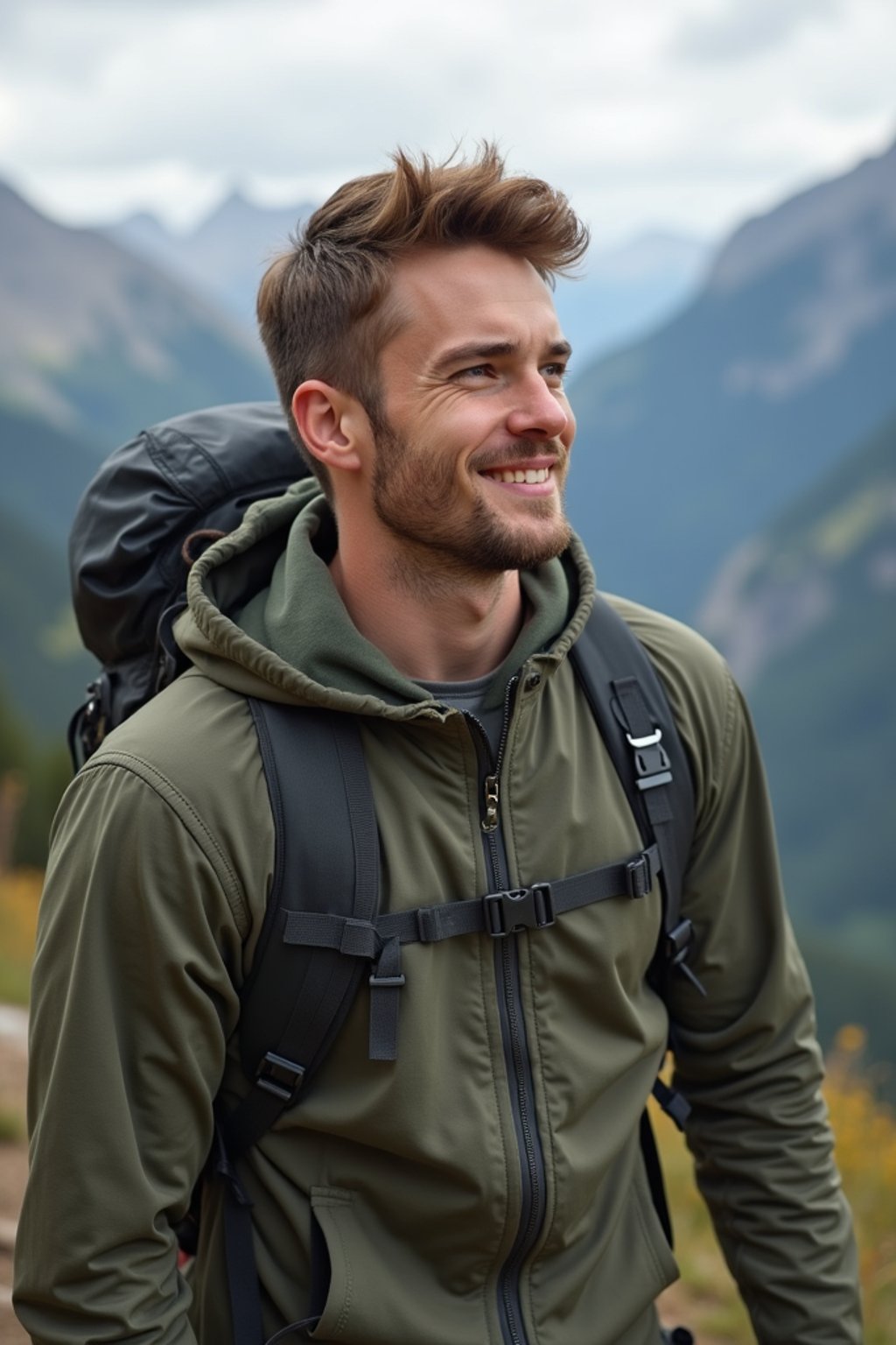 masculine  man in going hiking outdoors in mountains