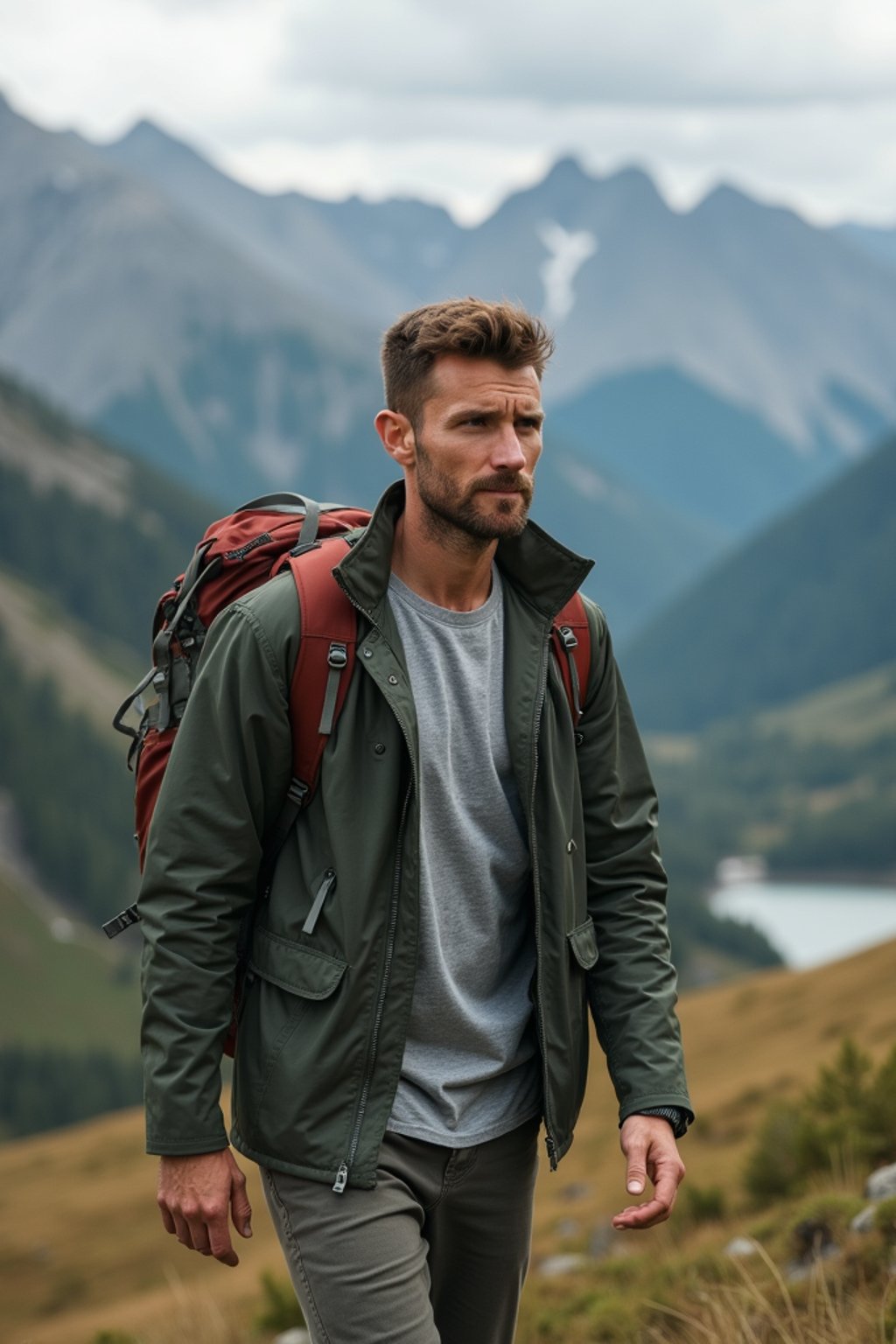 masculine  man in going hiking outdoors in mountains