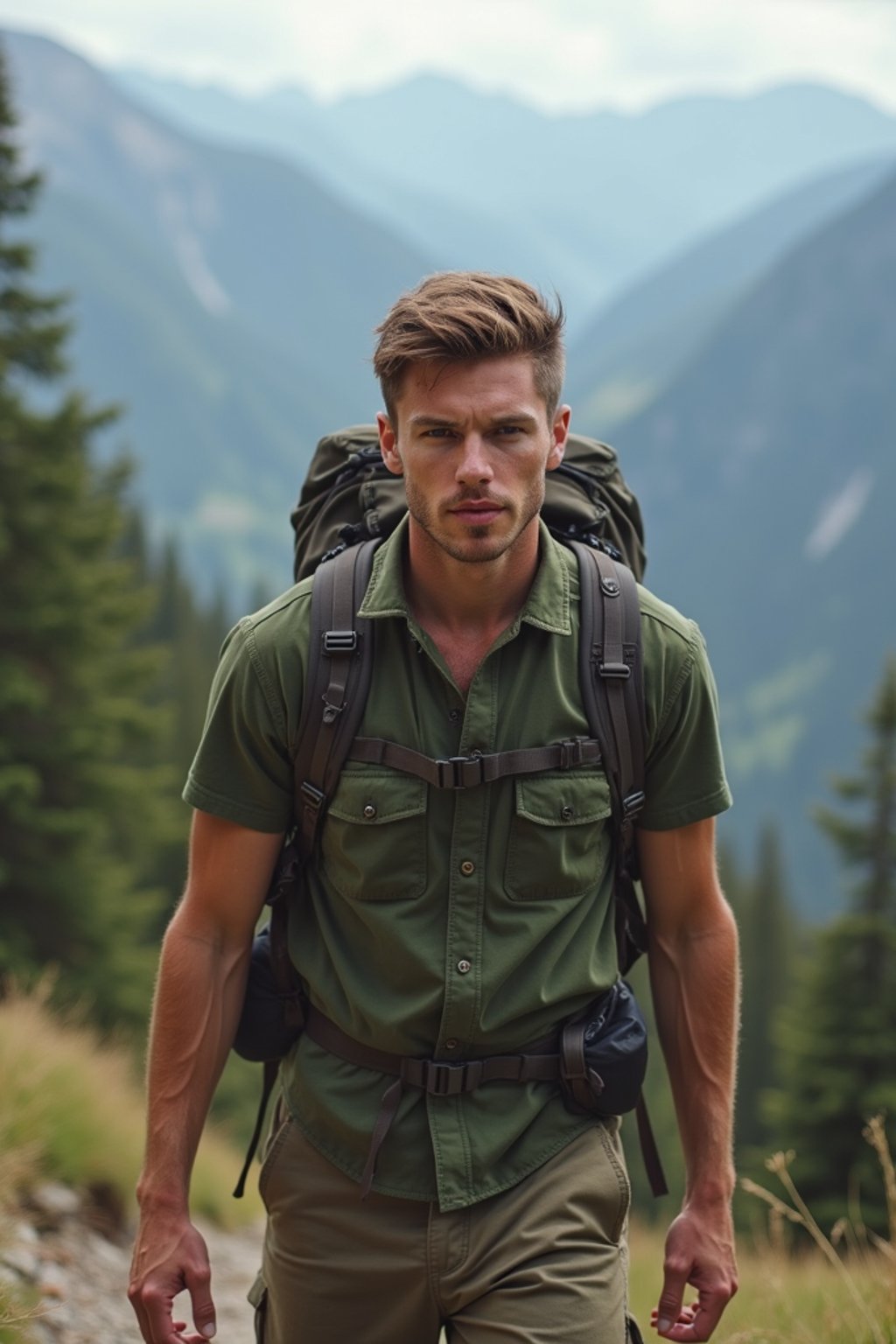 masculine  man in going hiking outdoors in mountains