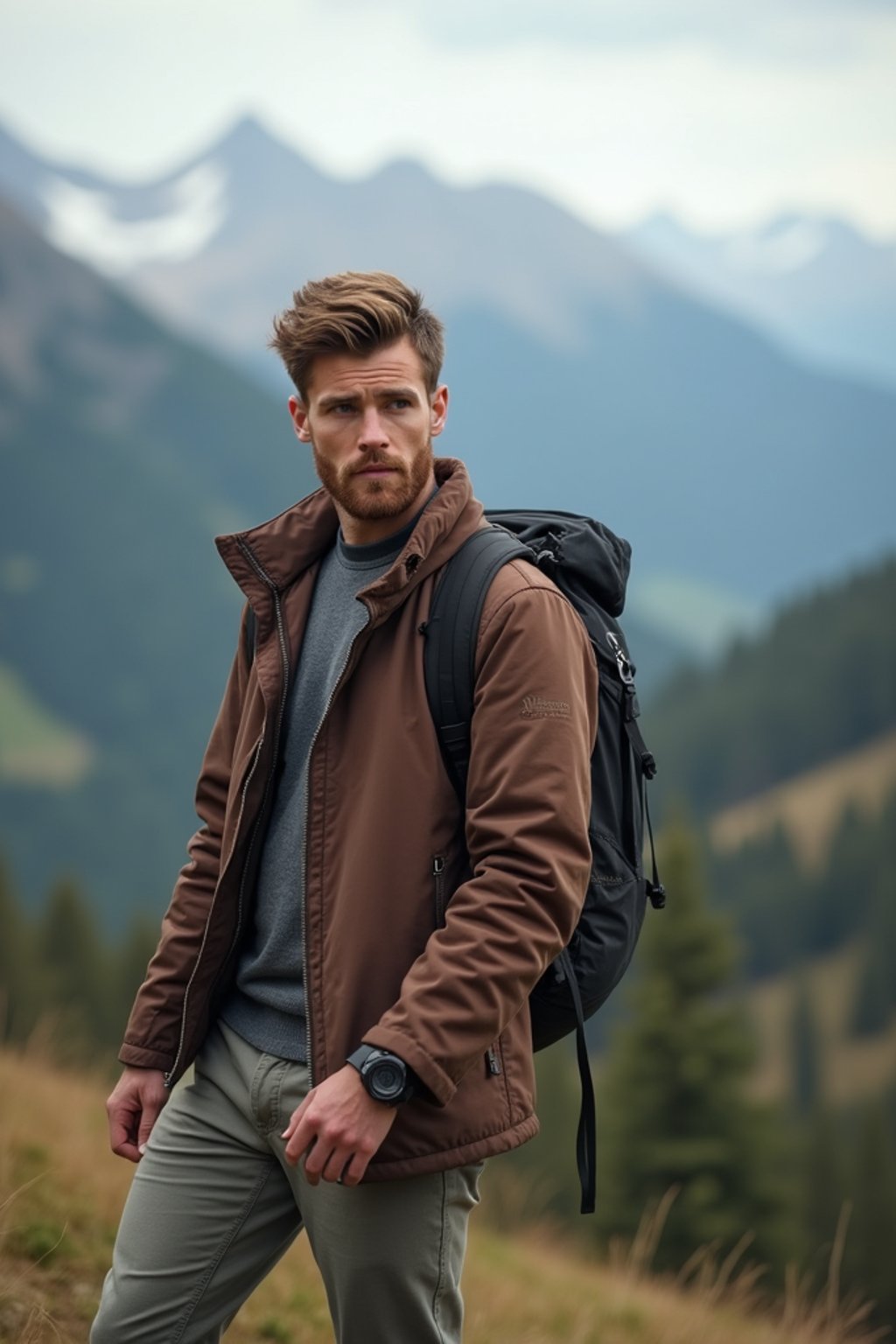 masculine  man in going hiking outdoors in mountains