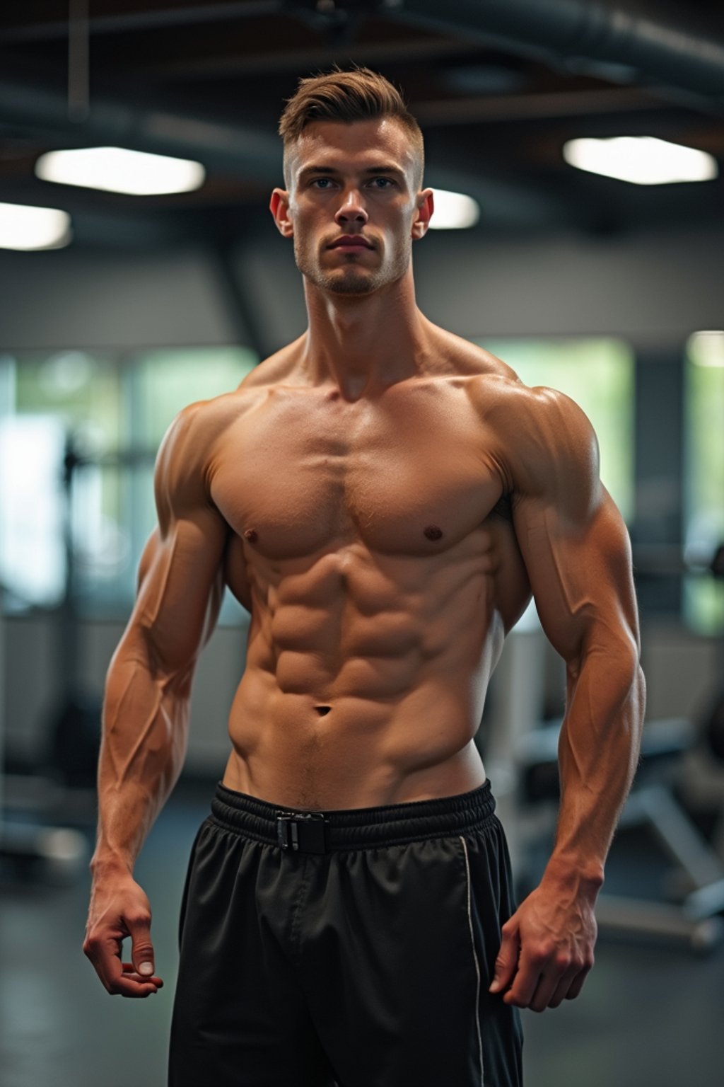 masculine  man wearing  or shorts and sports top in the fitness gym