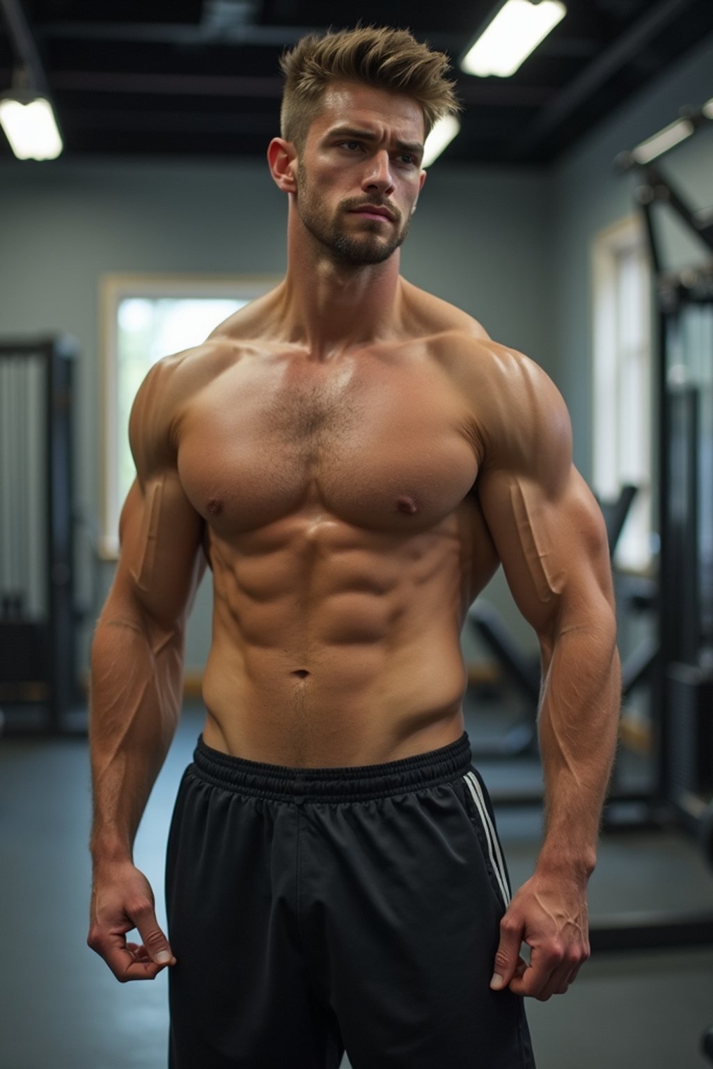 masculine  man wearing  or shorts and sports top in the fitness gym