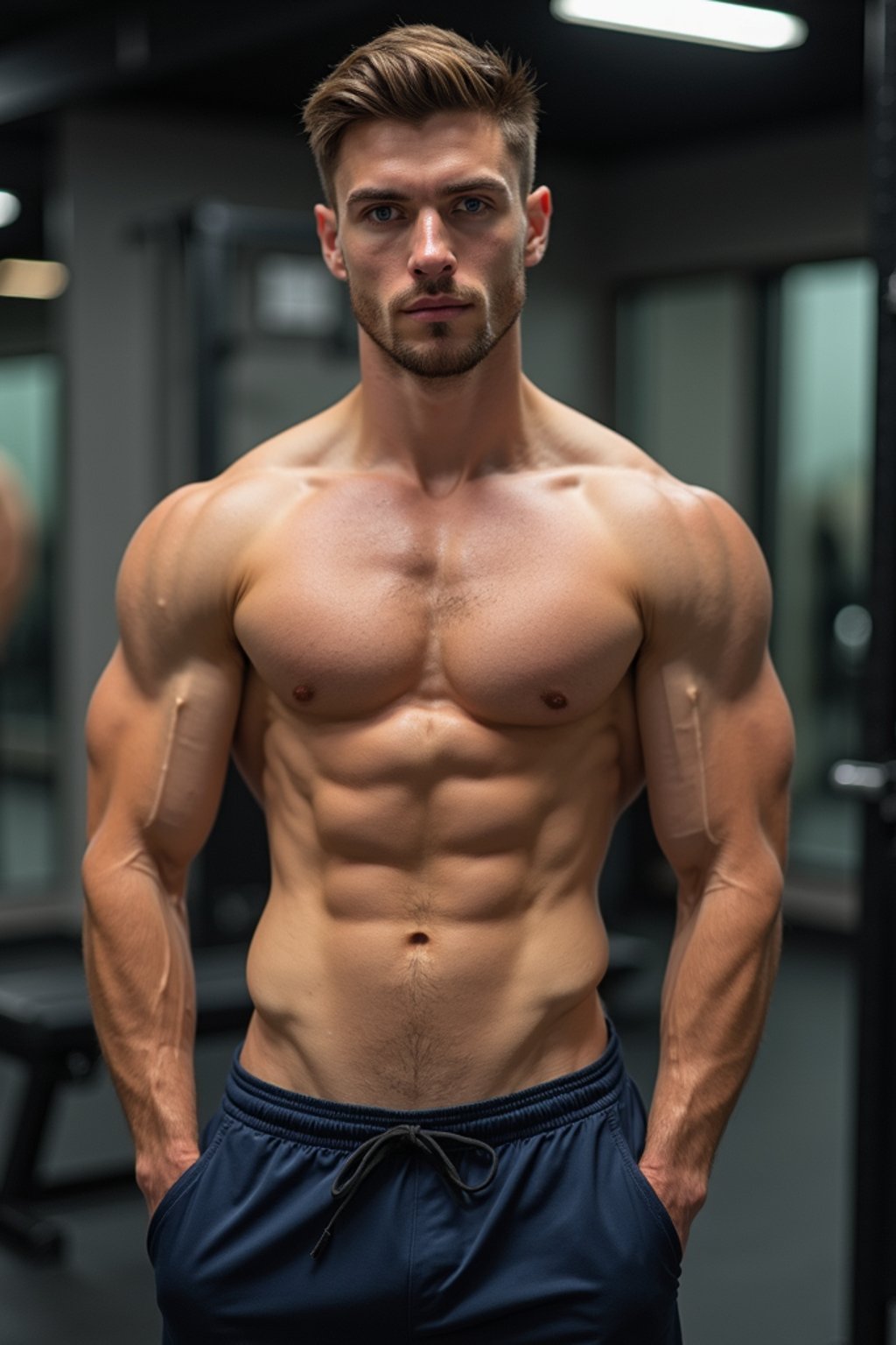 masculine  man wearing  or shorts and sports top in the fitness gym