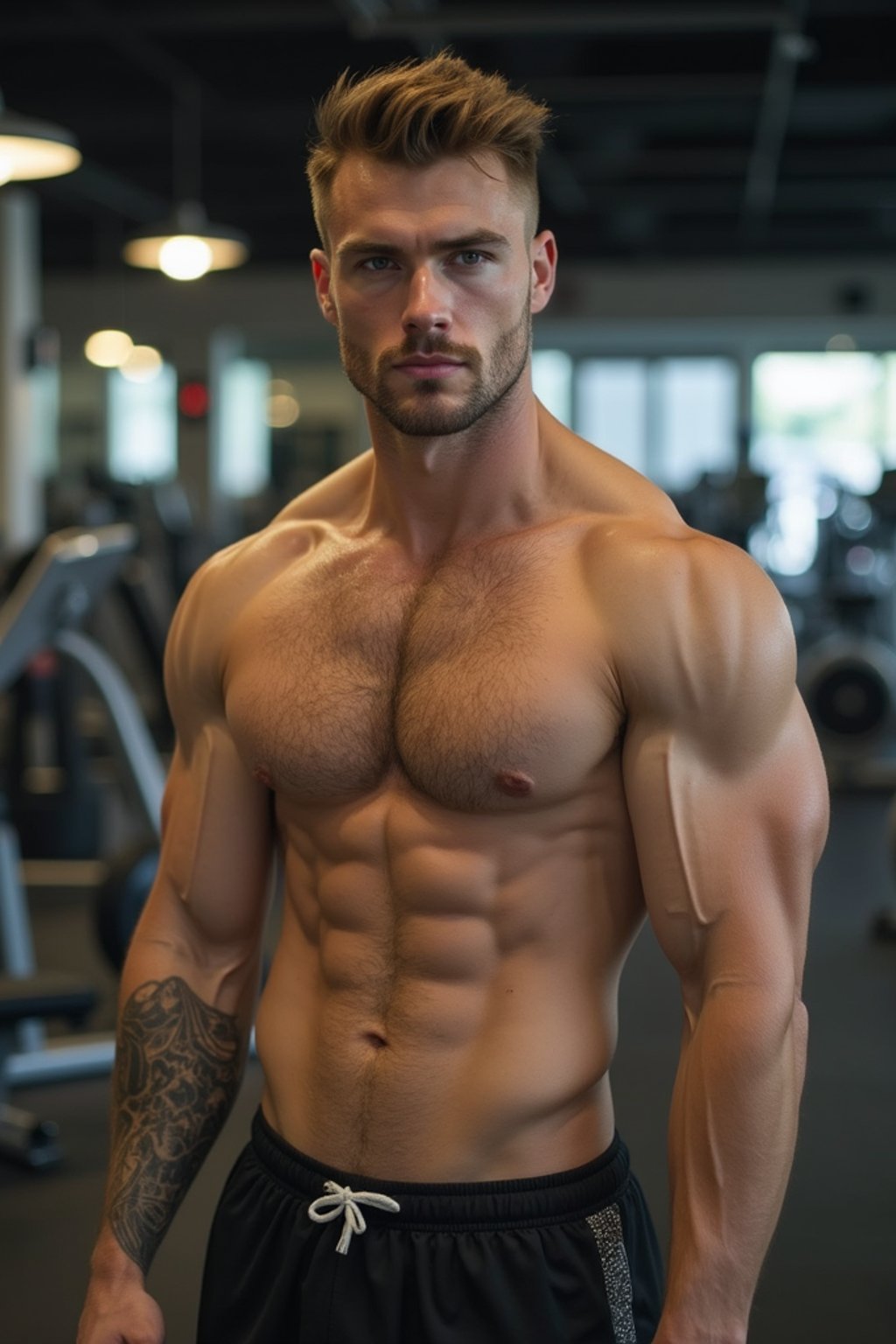 masculine  man wearing  or shorts and sports top in the fitness gym