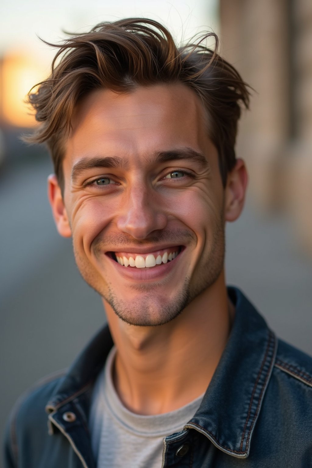 headshot of smiling man wearing casual clothes posing for dating app headshot. outdoor blurry background. the lighting is warm, possibly from a setting sun, creating a soft glow around him, enhancing the casual and relaxed vibe of the image. the setting seems to be outdoors, likely in an urban environment, with the blurred background hinting at a street or park-like area. this image likely portrays a youthful, active, and approachable individual, possibly in a lifestyle or fashion-related context.