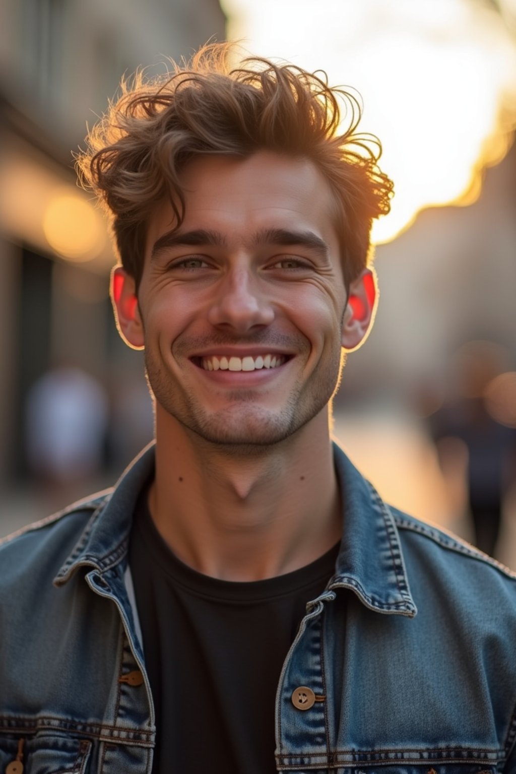 headshot of smiling man wearing casual clothes posing for dating app headshot. outdoor blurry background. the lighting is warm, possibly from a setting sun, creating a soft glow around him, enhancing the casual and relaxed vibe of the image. the setting seems to be outdoors, likely in an urban environment, with the blurred background hinting at a street or park-like area. this image likely portrays a youthful, active, and approachable individual, possibly in a lifestyle or fashion-related context.