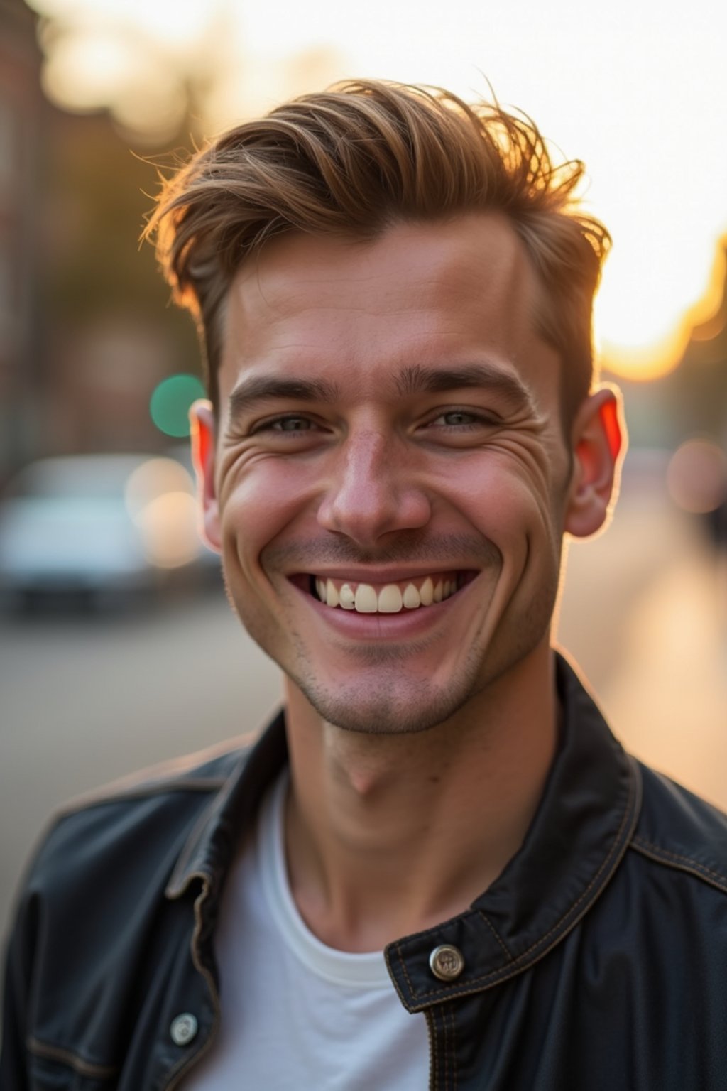 headshot of smiling man wearing casual clothes posing for dating app headshot. outdoor blurry background. the lighting is warm, possibly from a setting sun, creating a soft glow around him, enhancing the casual and relaxed vibe of the image. the setting seems to be outdoors, likely in an urban environment, with the blurred background hinting at a street or park-like area. this image likely portrays a youthful, active, and approachable individual, possibly in a lifestyle or fashion-related context.