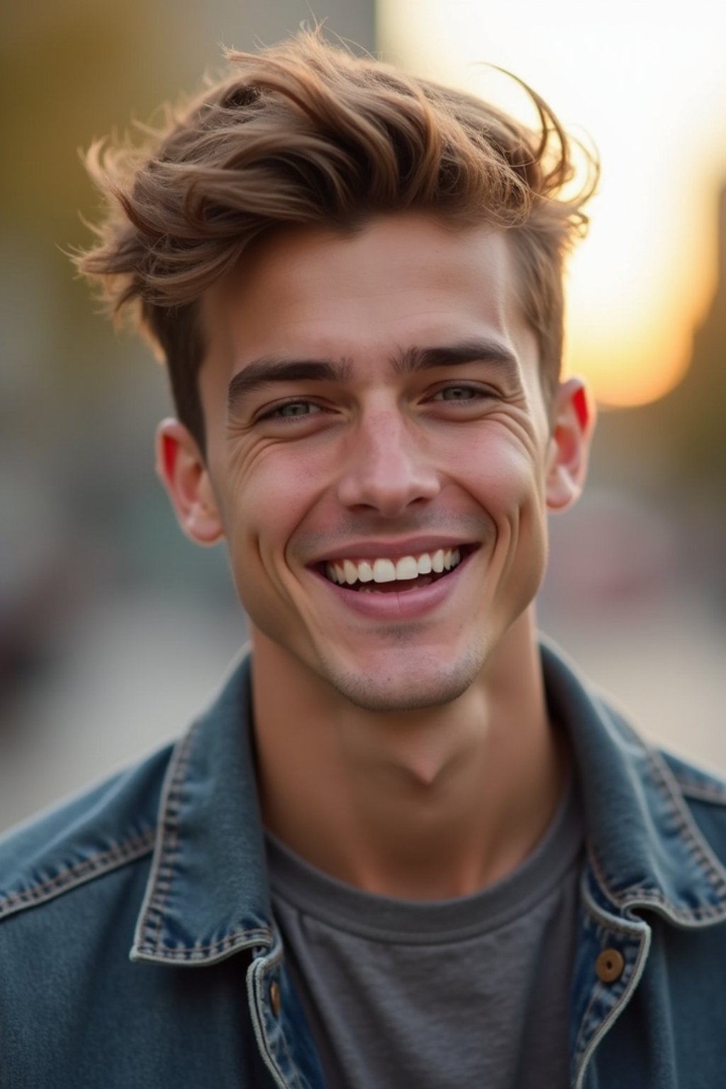 headshot of smiling man wearing casual clothes posing for dating app headshot. outdoor blurry background. the lighting is warm, possibly from a setting sun, creating a soft glow around him, enhancing the casual and relaxed vibe of the image. the setting seems to be outdoors, likely in an urban environment, with the blurred background hinting at a street or park-like area. this image likely portrays a youthful, active, and approachable individual, possibly in a lifestyle or fashion-related context.