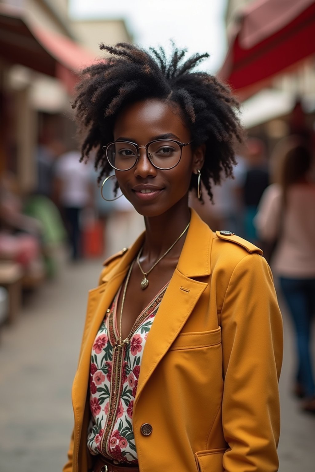 a stylish  feminine woman exploring a street market