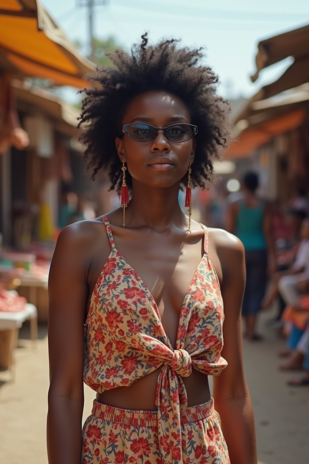 a stylish  feminine woman exploring a street market