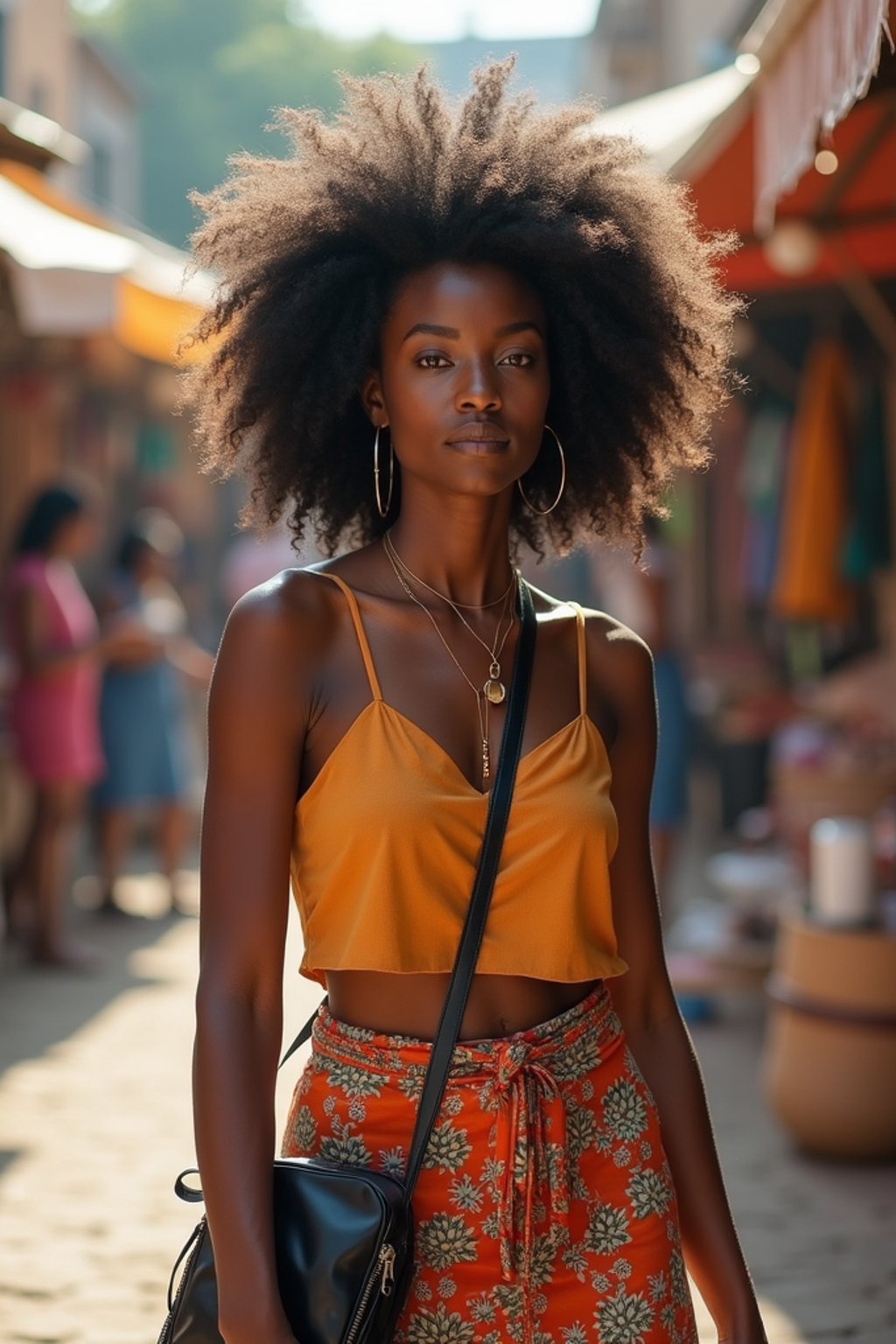 a stylish  feminine woman exploring a street market