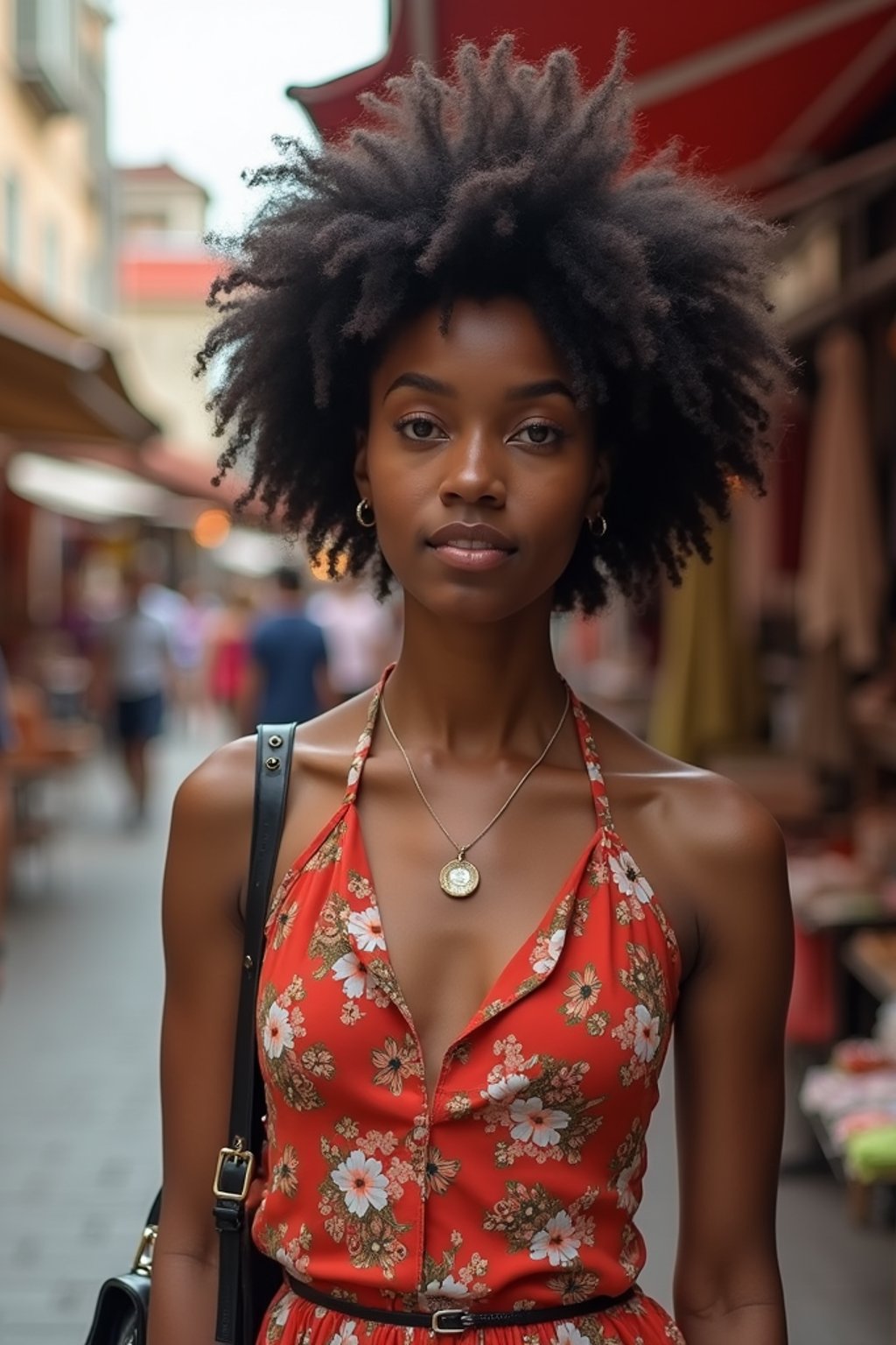 a stylish  feminine woman exploring a street market