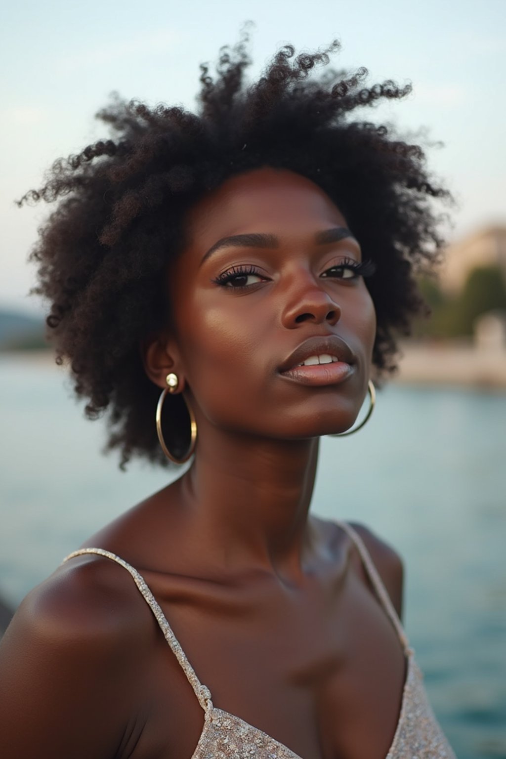 a captivating  feminine woman enjoying a peaceful moment by the waterfront