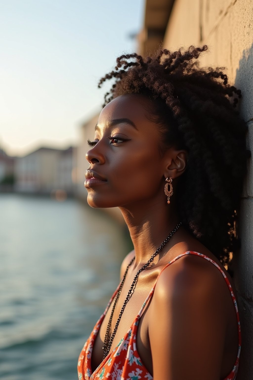 a captivating  feminine woman enjoying a peaceful moment by the waterfront