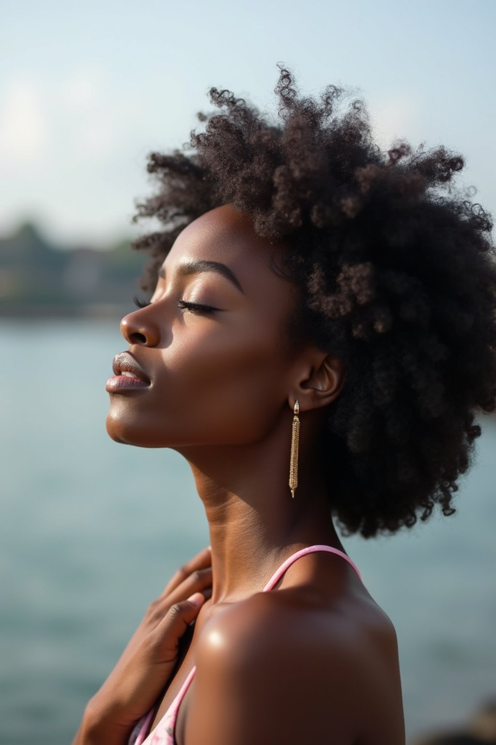 a captivating  feminine woman enjoying a peaceful moment by the waterfront