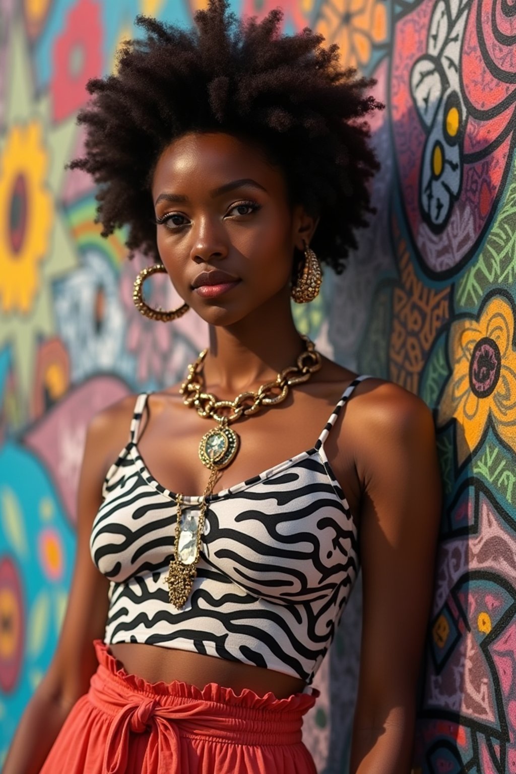 a fashionable  feminine woman posing in front of street art