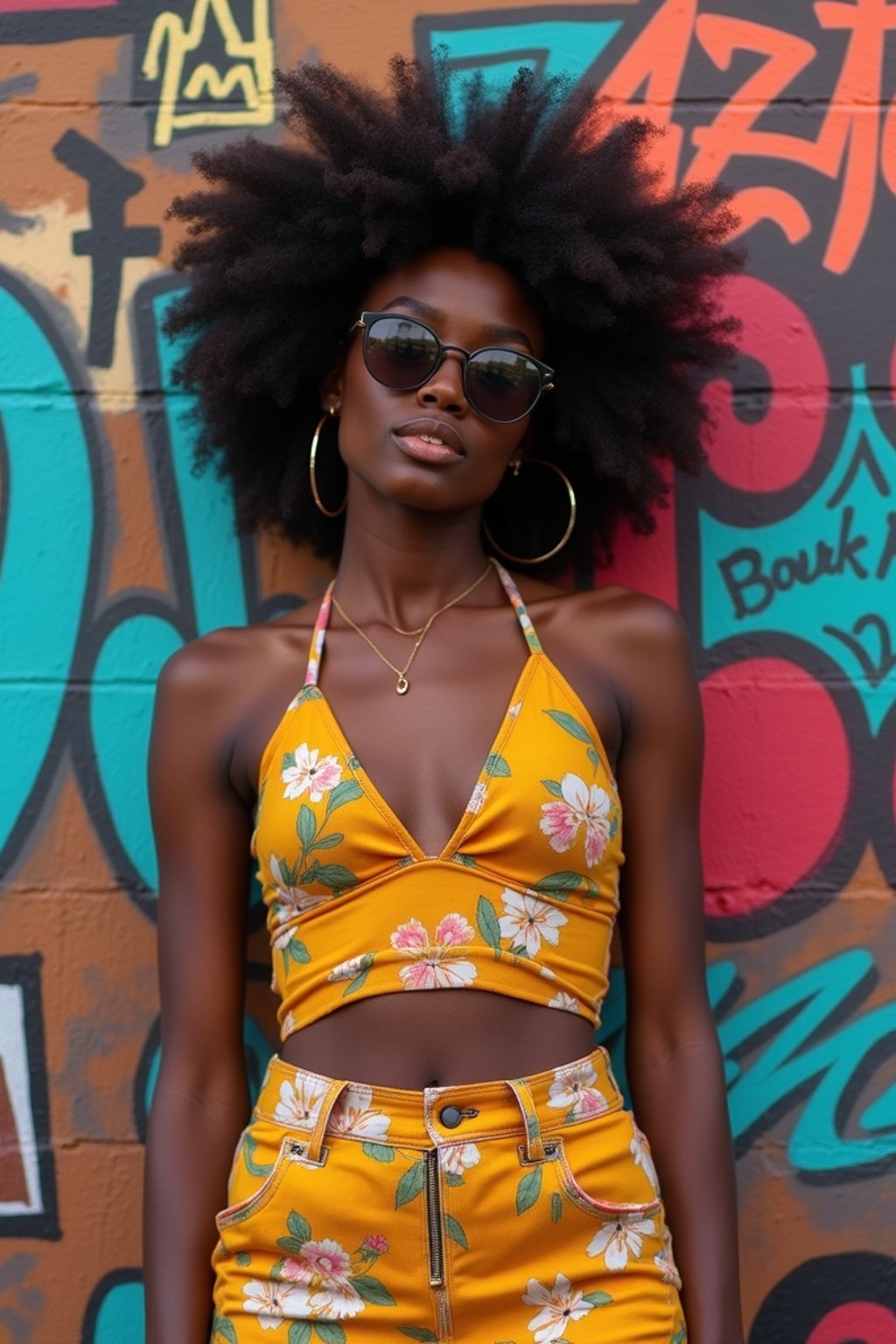 a fashionable  feminine woman posing in front of street art