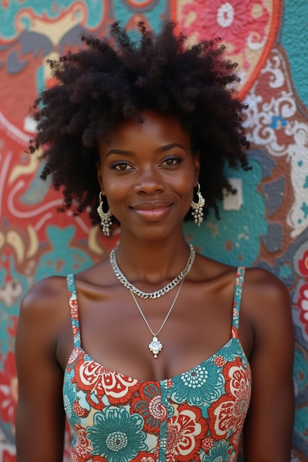 a fashionable  feminine woman posing in front of street art