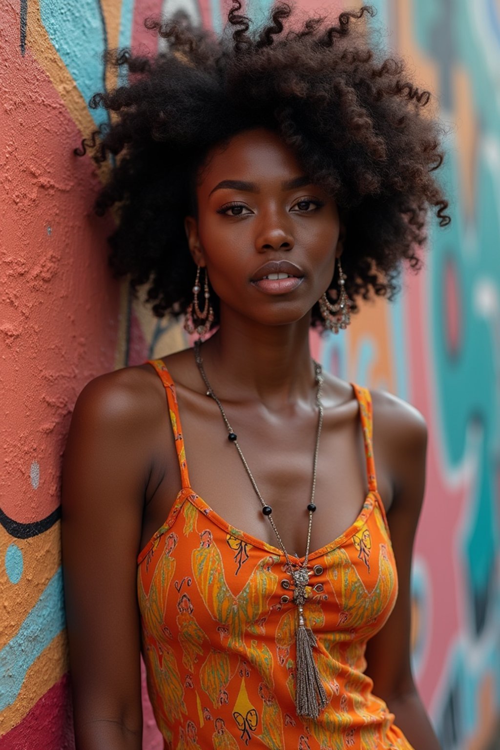 a fashionable  feminine woman posing in front of street art