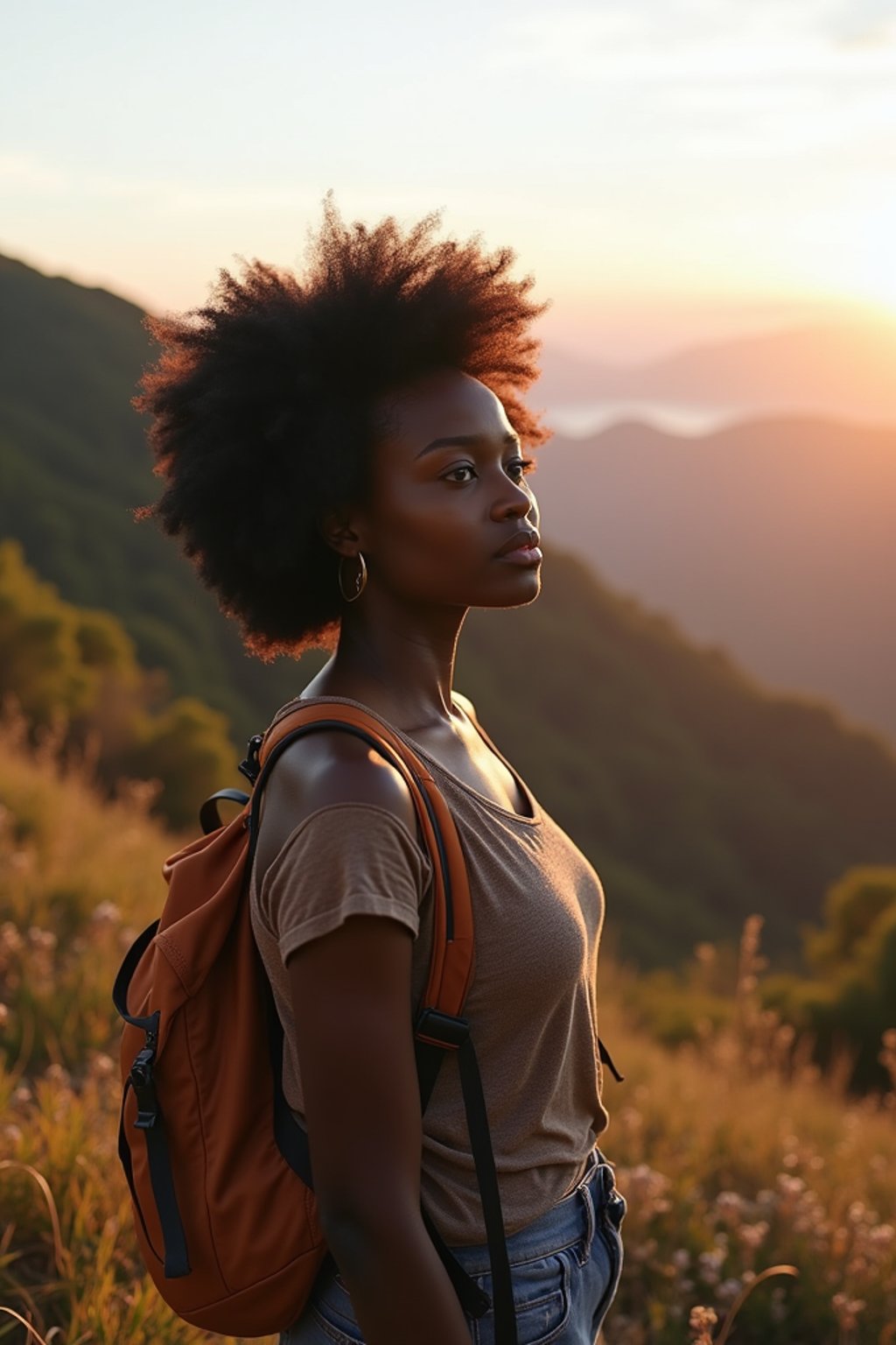 an adventurous  feminine woman hiking in the mountains