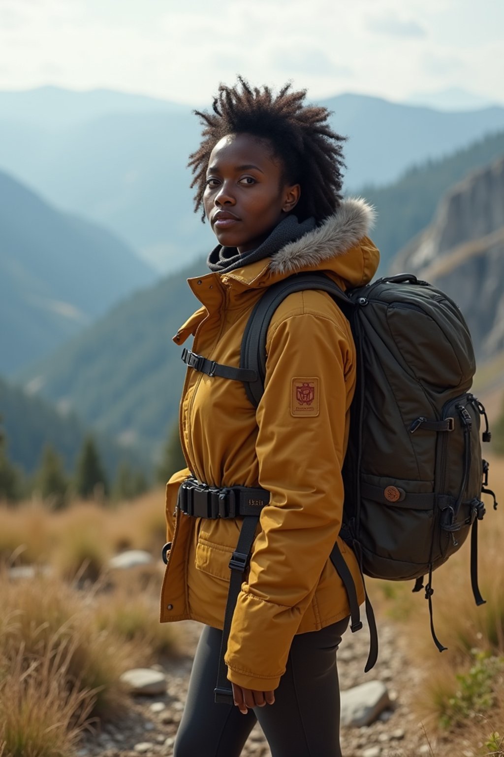 an adventurous  feminine woman hiking in the mountains