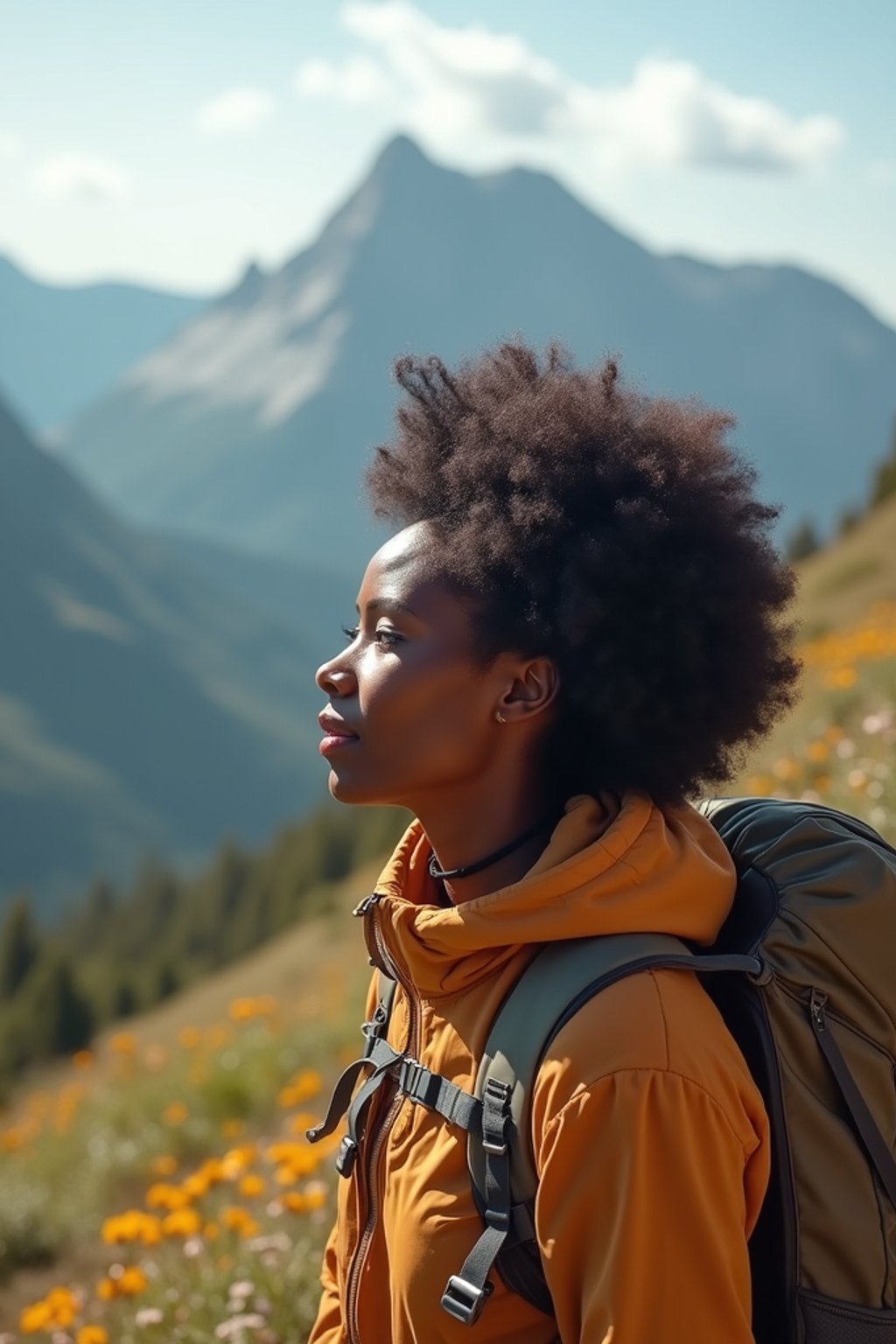 an adventurous  feminine woman hiking in the mountains