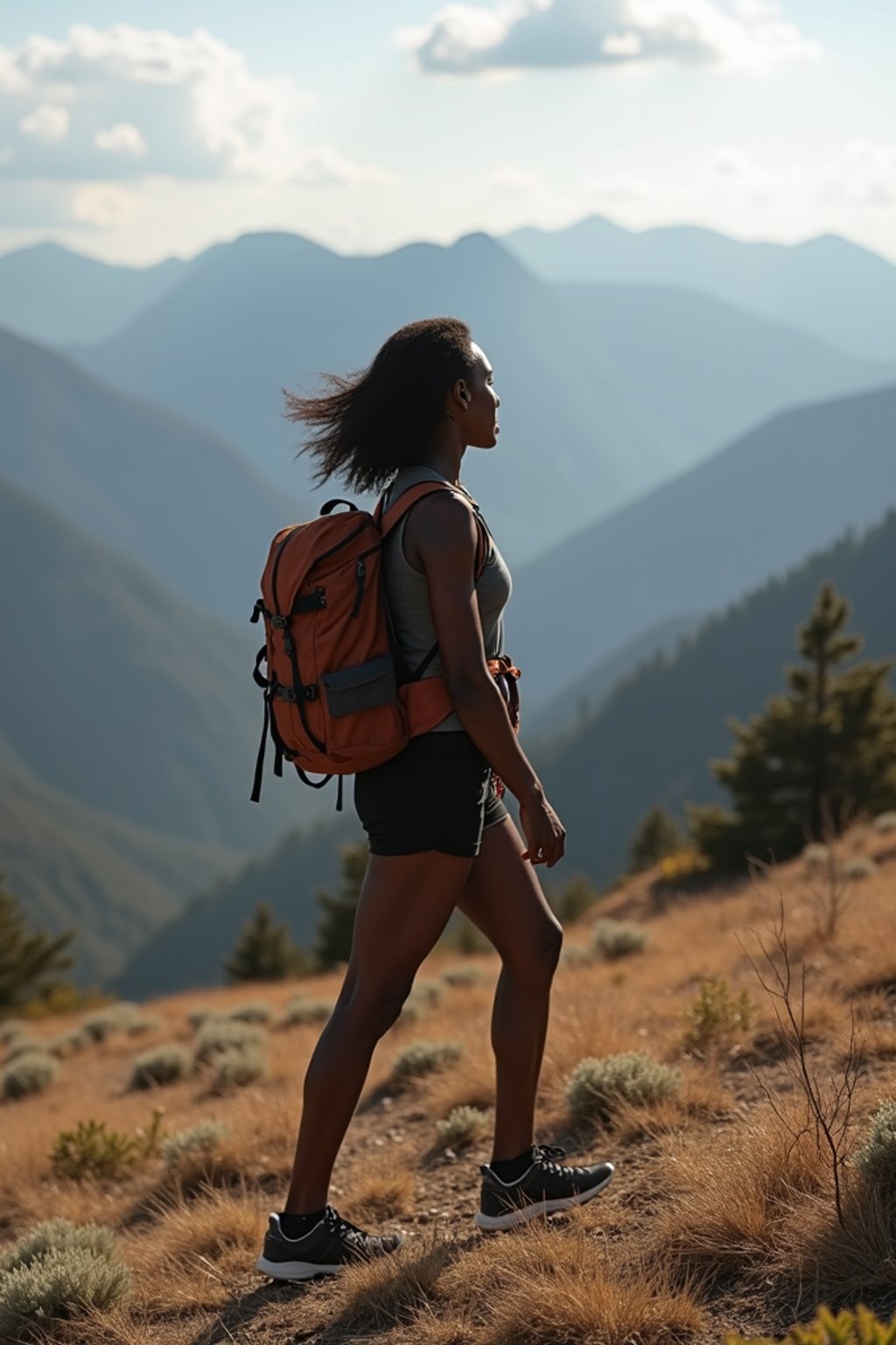 an adventurous  feminine woman hiking in the mountains