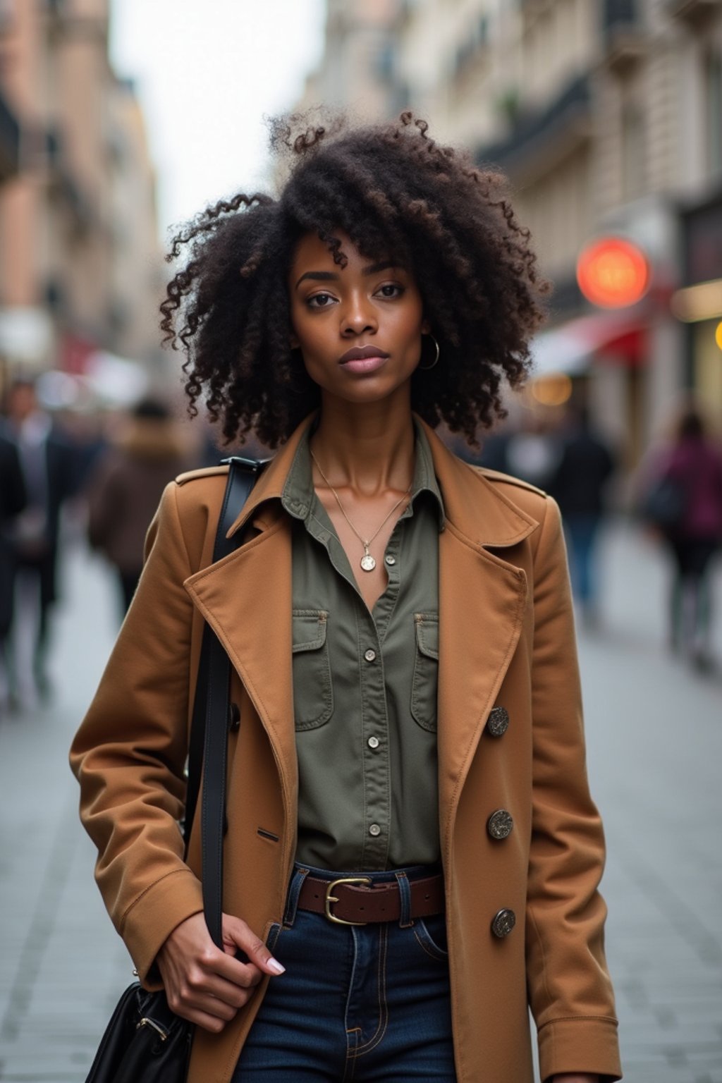 a confident  feminine woman exploring a bustling city street