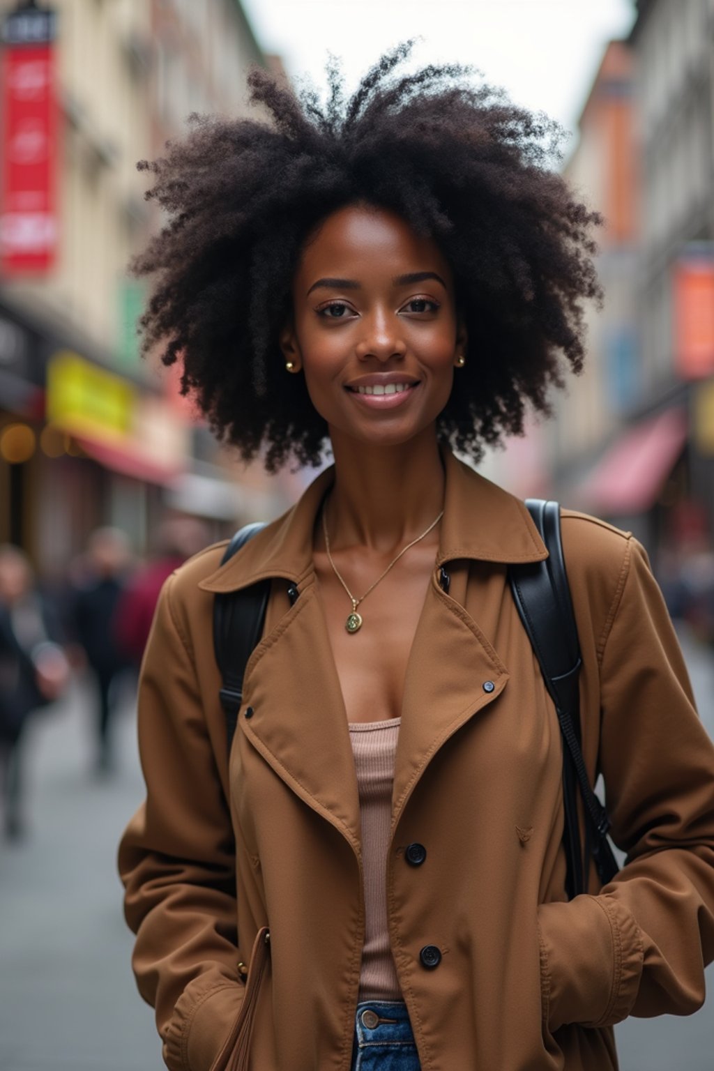 a confident  feminine woman exploring a bustling city street