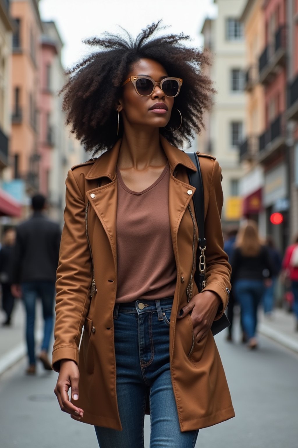 a confident  feminine woman exploring a bustling city street