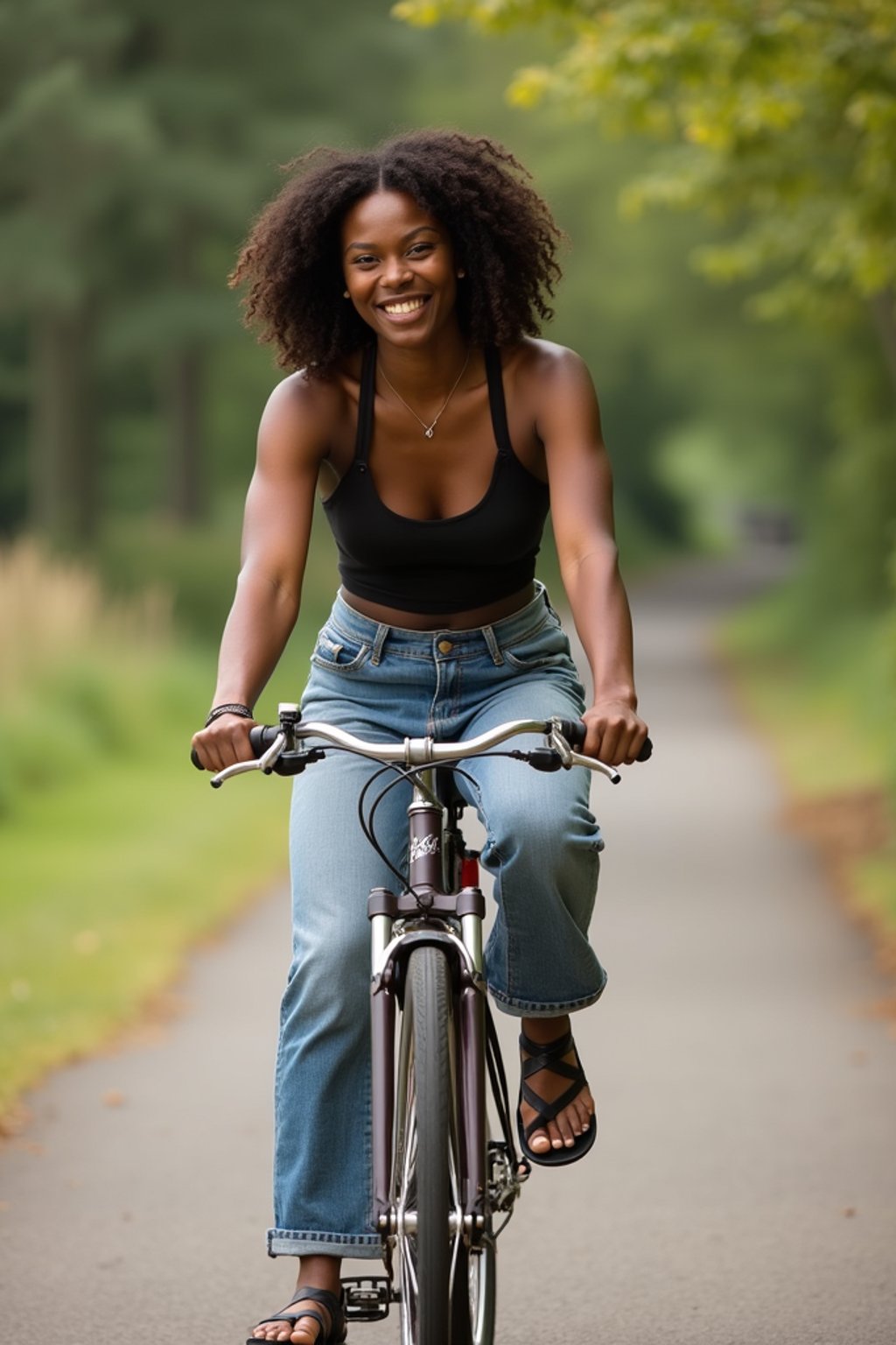 a stylish  feminine woman enjoying a leisurely bike ride along a scenic path