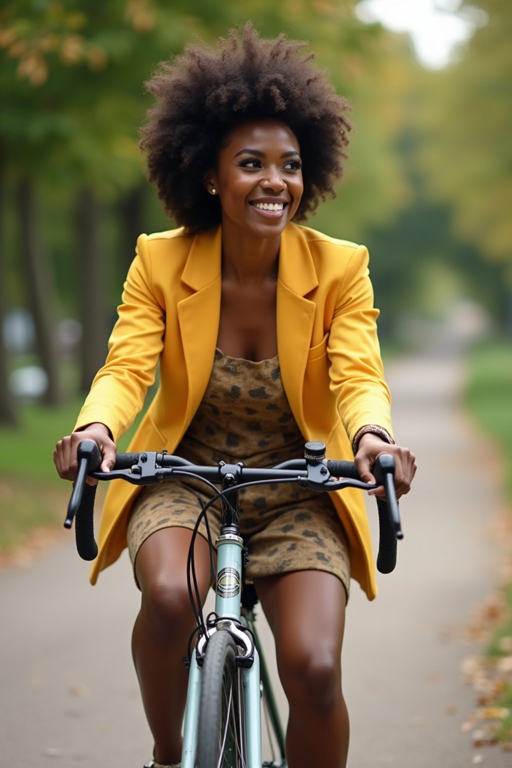 a stylish  feminine woman enjoying a leisurely bike ride along a scenic path