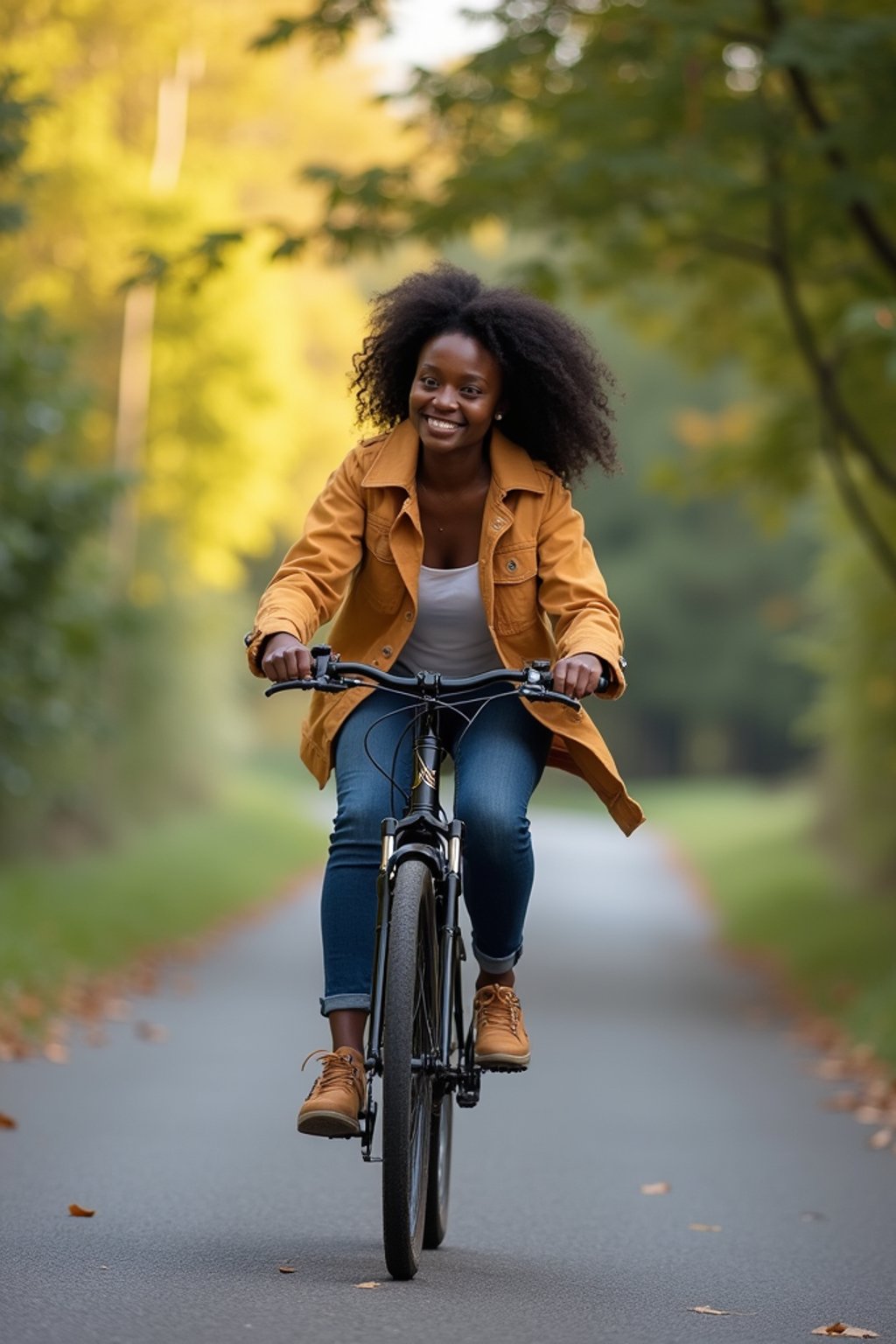 a stylish  feminine woman enjoying a leisurely bike ride along a scenic path