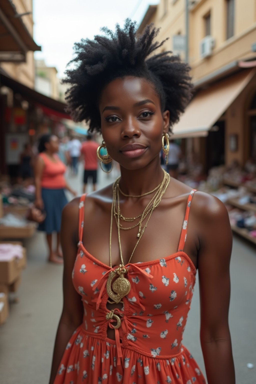 a charismatic  feminine woman exploring a street market