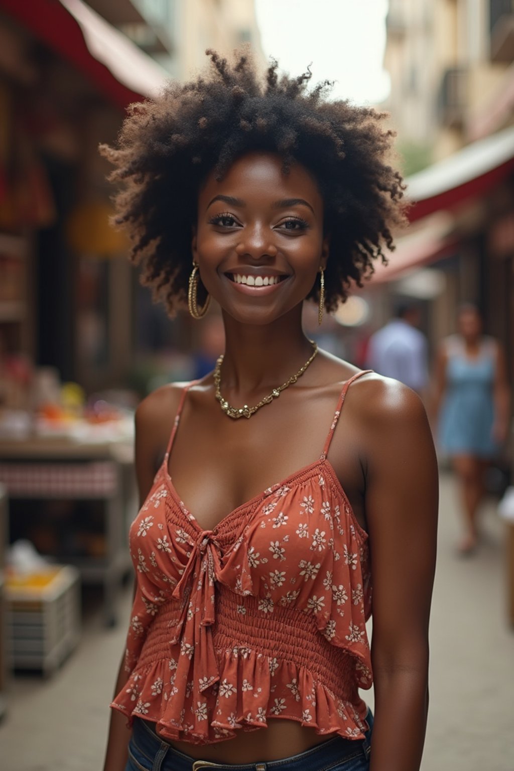 a charismatic  feminine woman exploring a street market