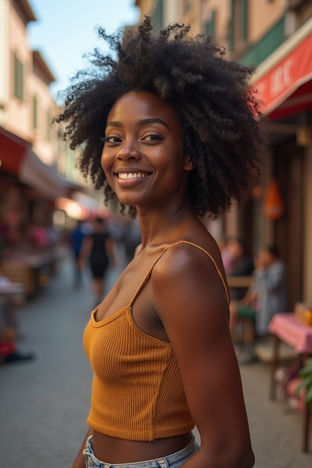 a charismatic  feminine woman exploring a street market