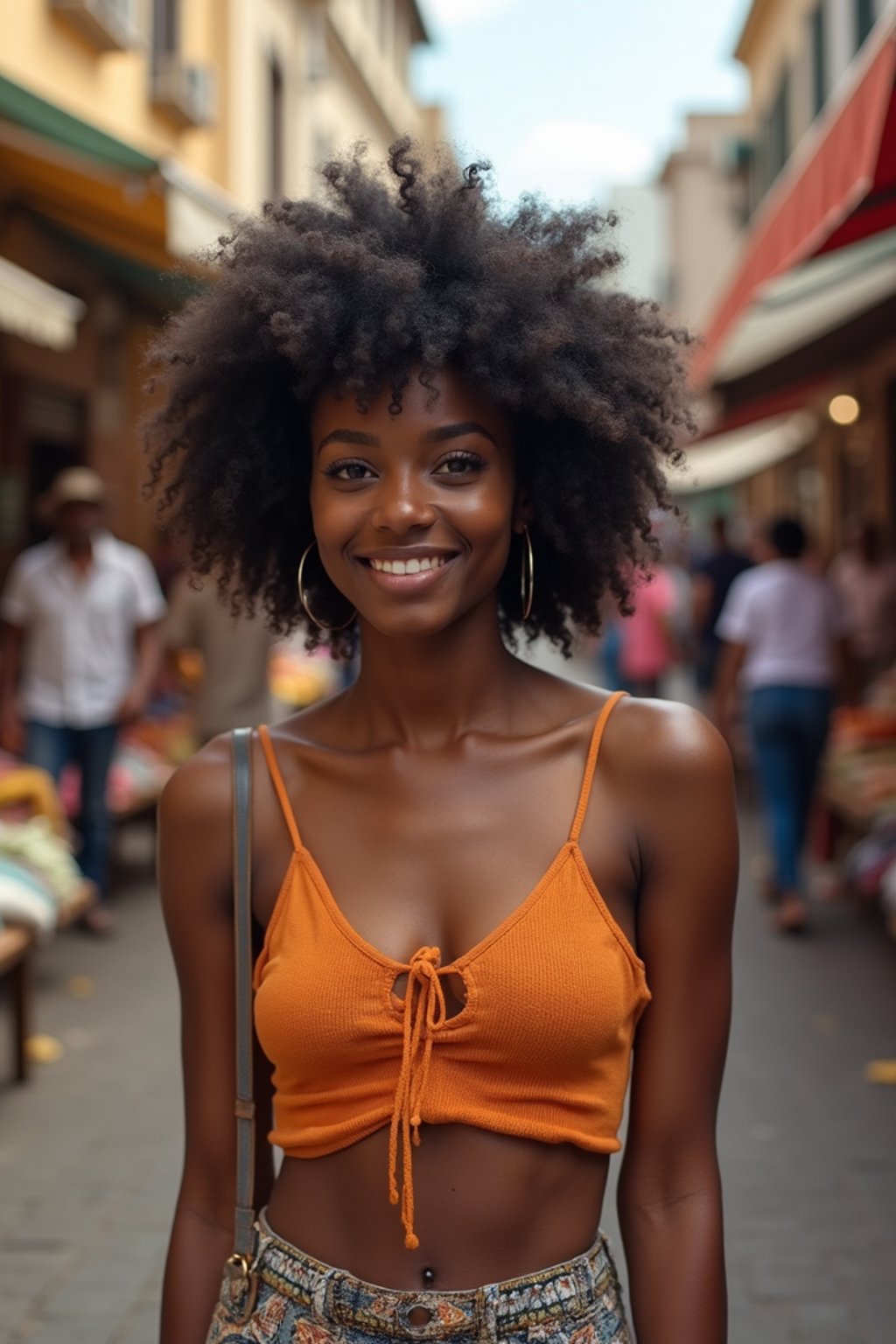 a charismatic  feminine woman exploring a street market